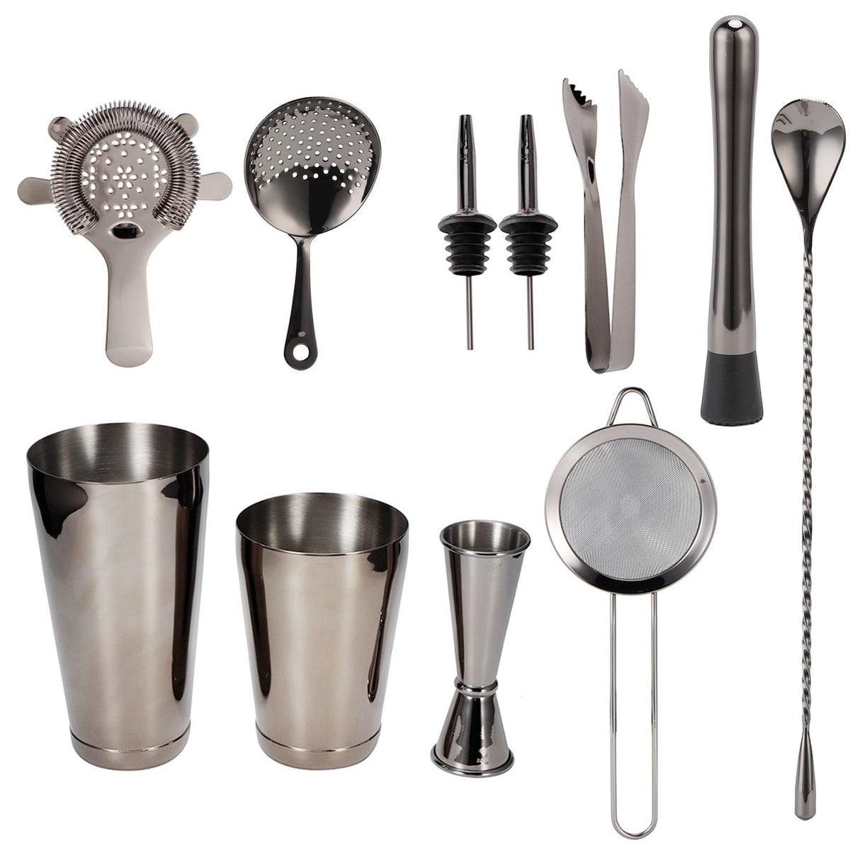 Nyora black eleven piece stainless steel cocktail shaker and bar tool set