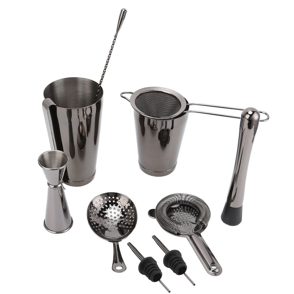 Nyora black eleven piece stainless steel cocktail shaker and bar tool set