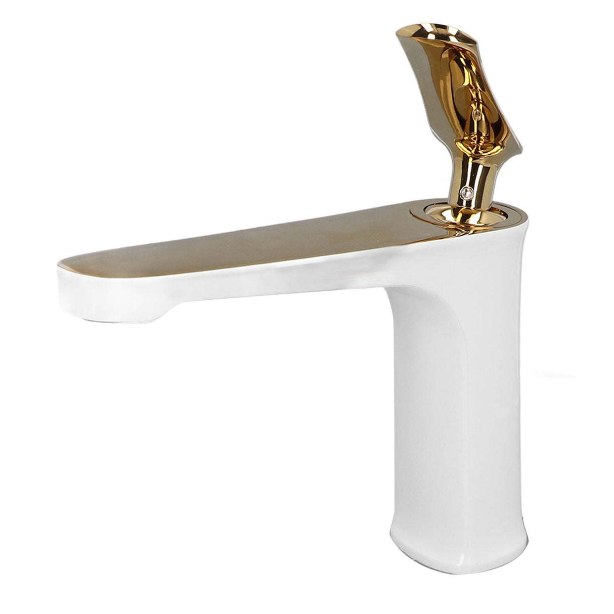 Angled view of the brass basin mixer tap and metal lever handle