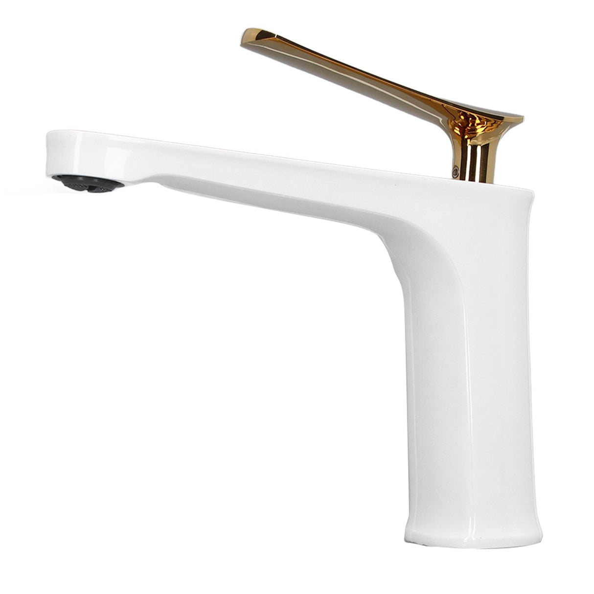 Close up of the lift up metal handle on the basin mixer tap
