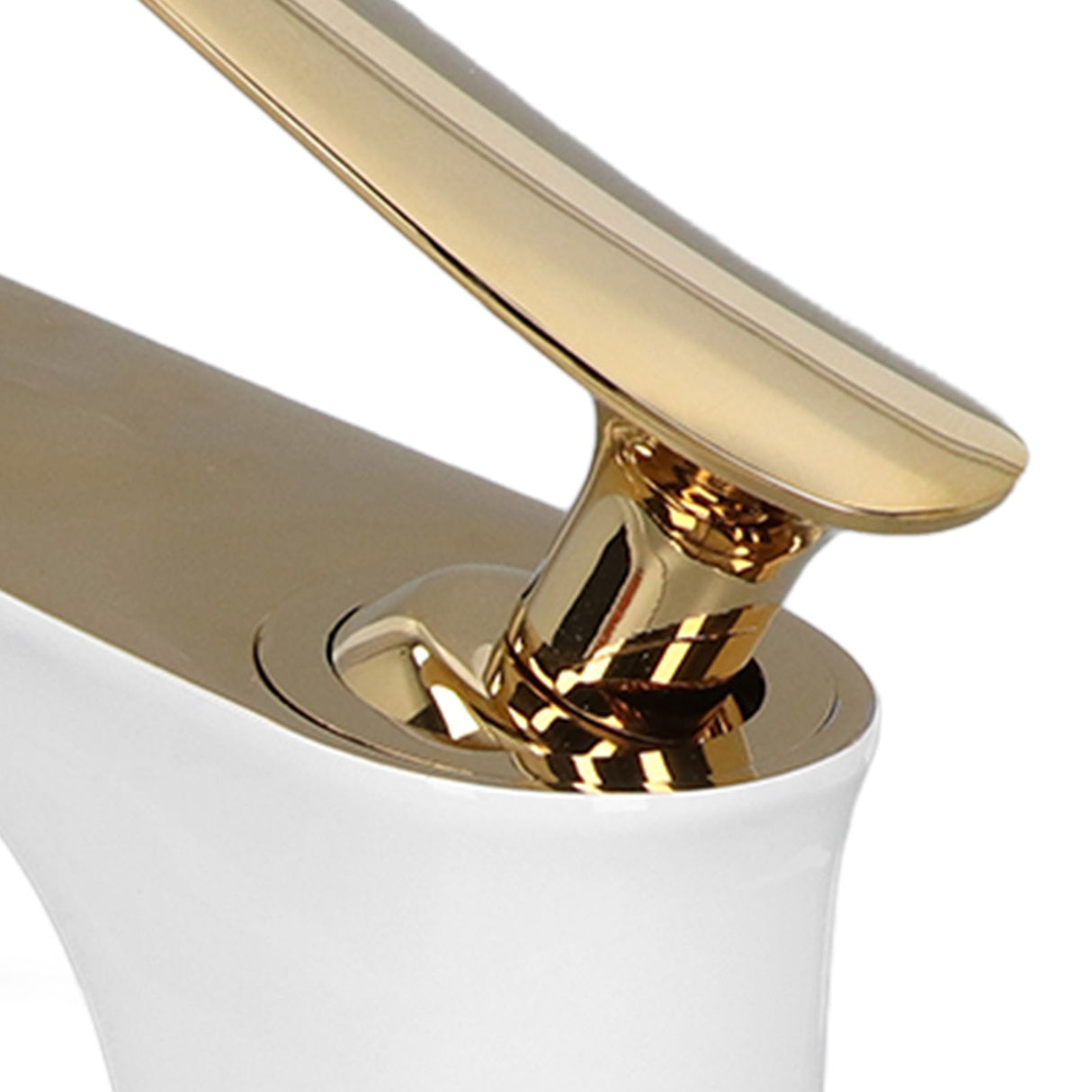 Long spout brass basin tap styled in a contemporary bathroom