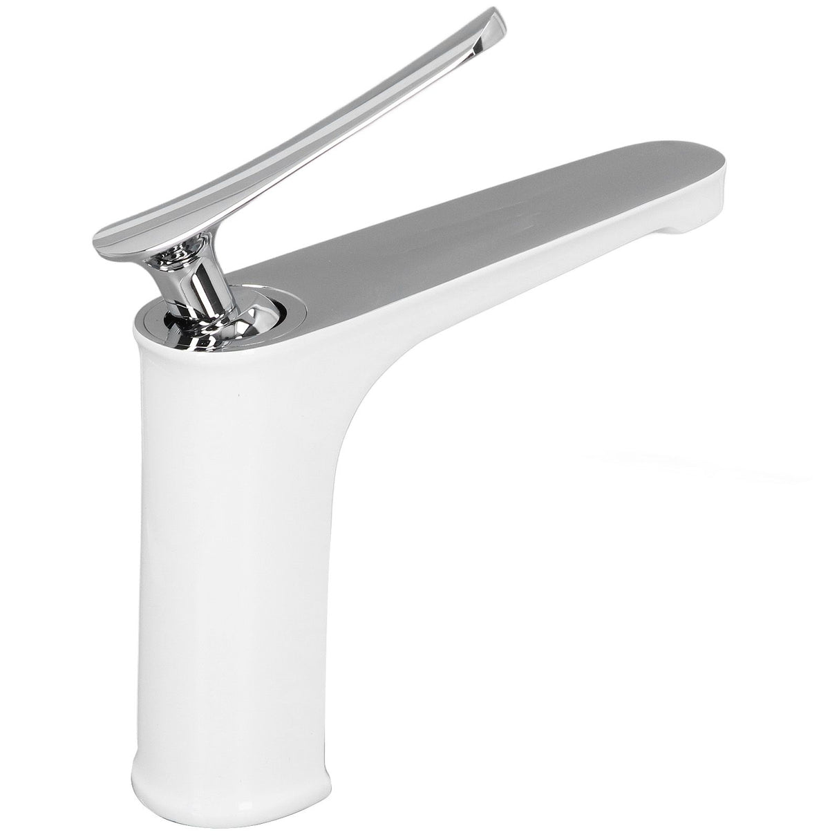 Angled view of white silver brass basin mixer tap and metal handle