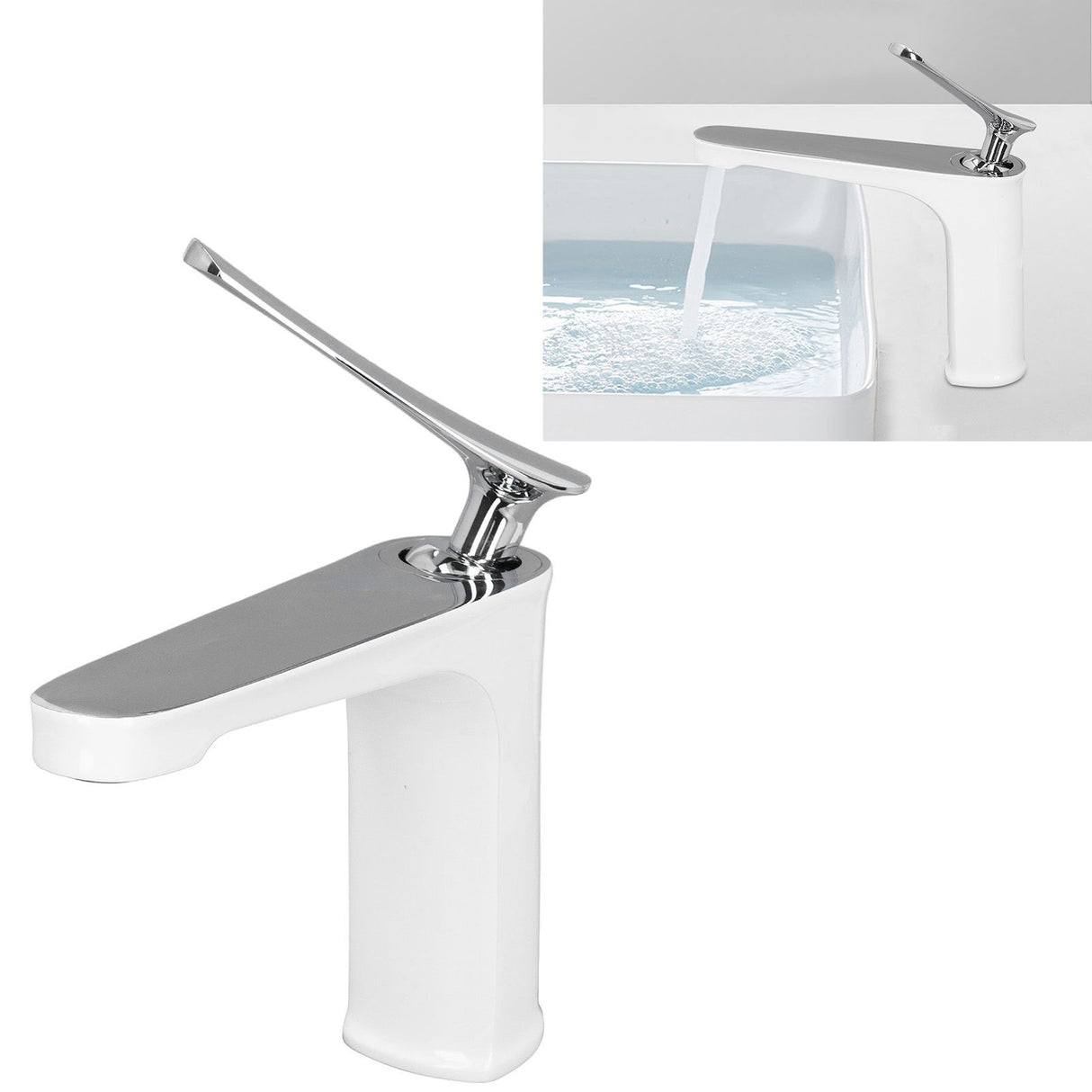 Dimension diagram of the basin mixer tap showing height and spout reach