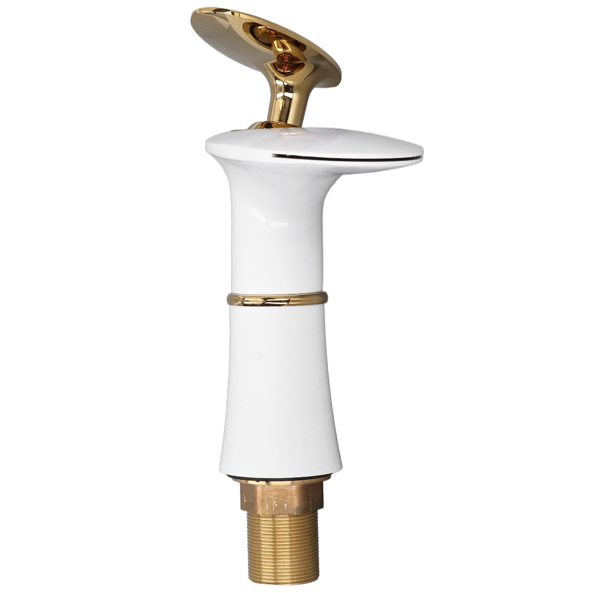 Waterfall basin mixer tap in white and gold with golden handle