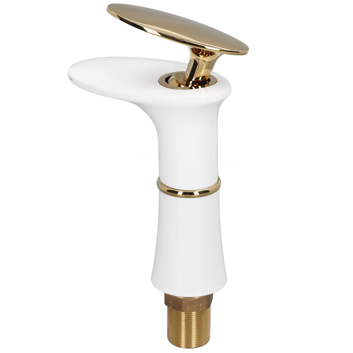 Waterfall basin mixer tap in white and gold with golden handle