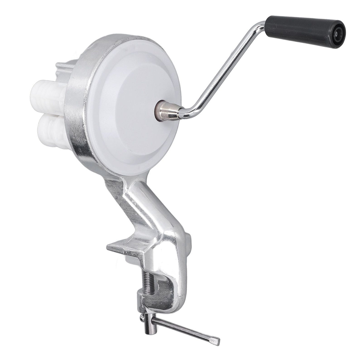Hand crank noodle press shown from the side with crank handle fitted