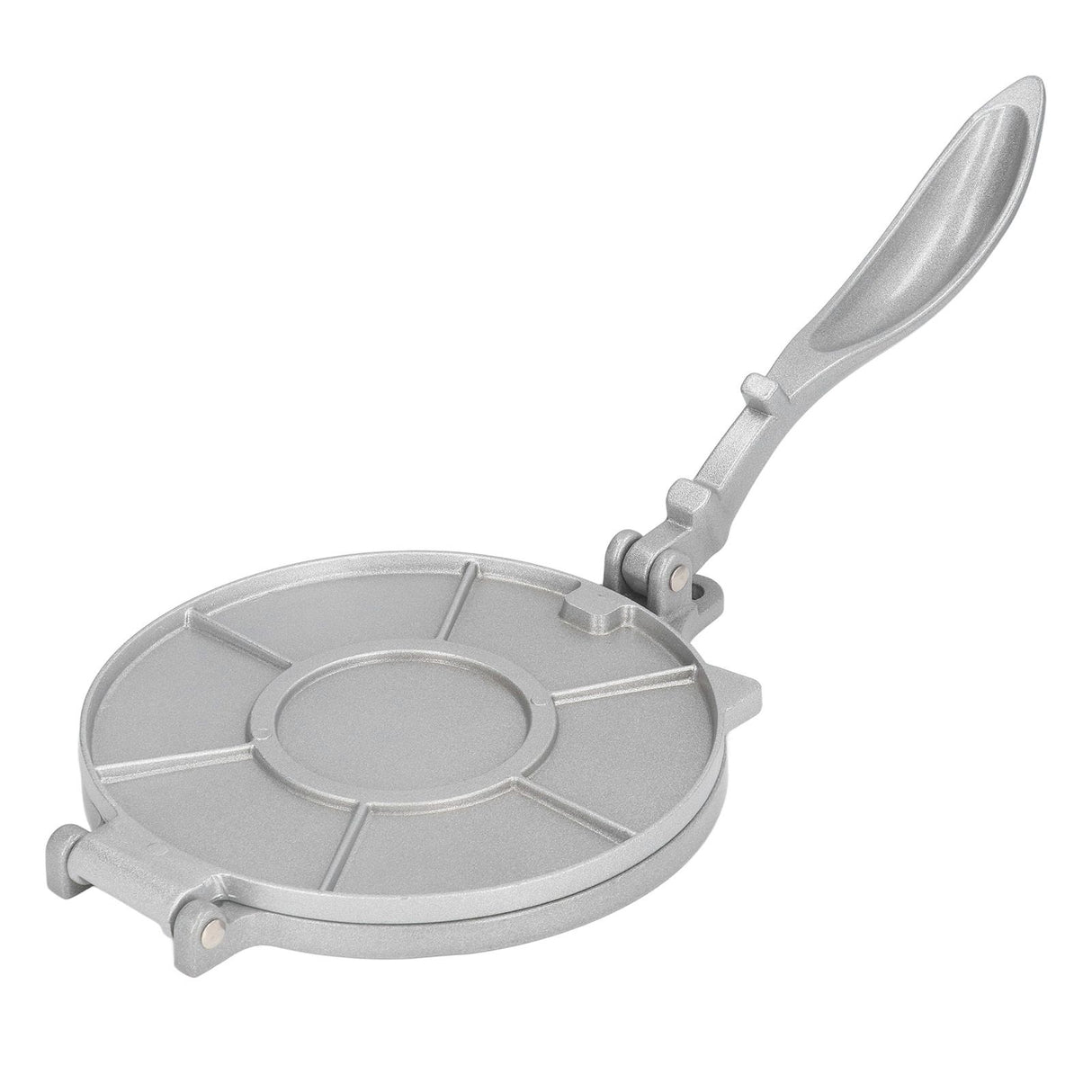 Silver aluminium tortilla press with 19.5 cm plate, closed