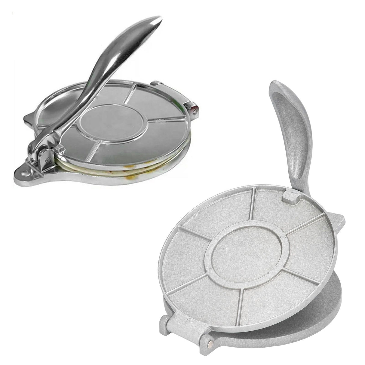 Tortilla press being used on a kitchen bench