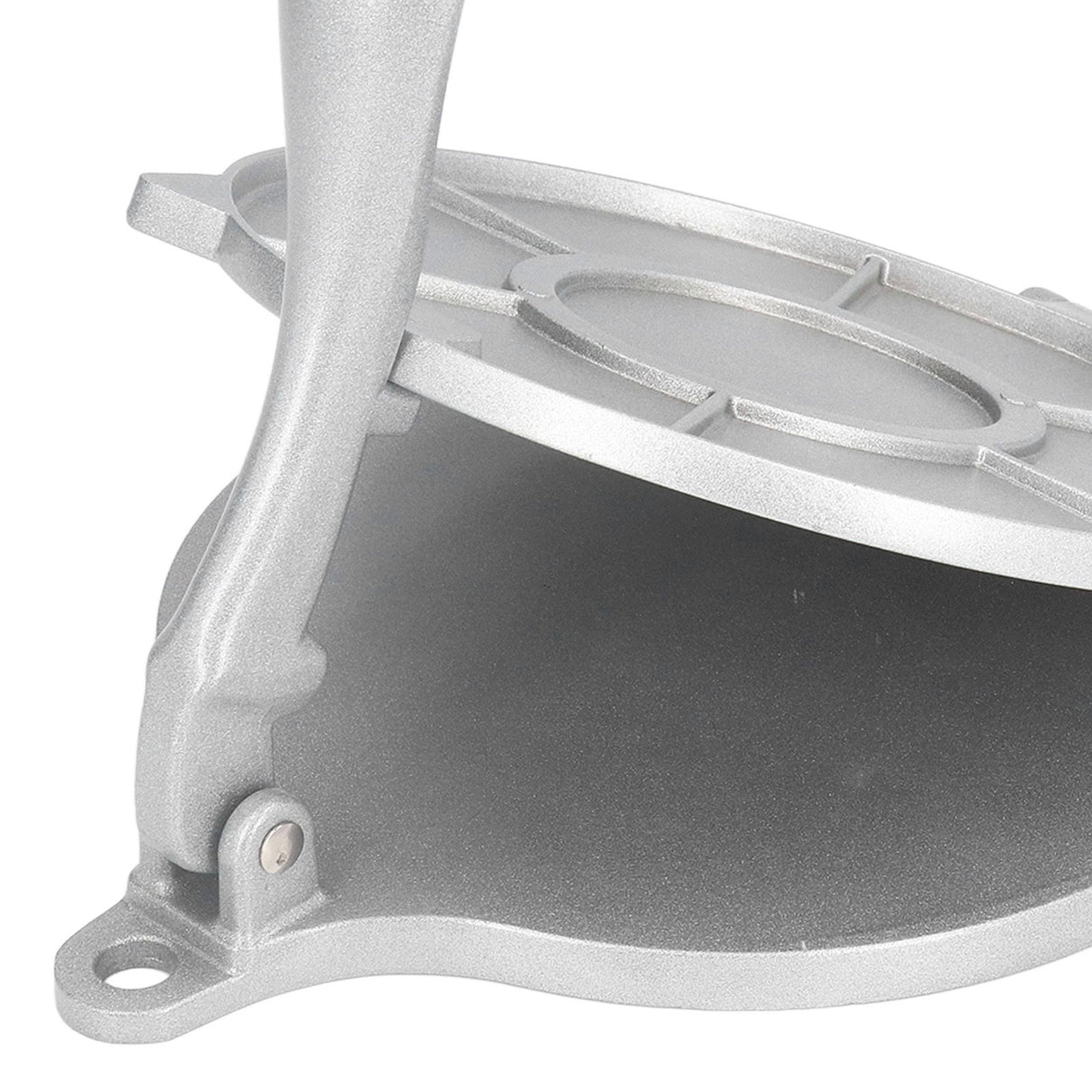 Silver tortilla press shown ready for packaging