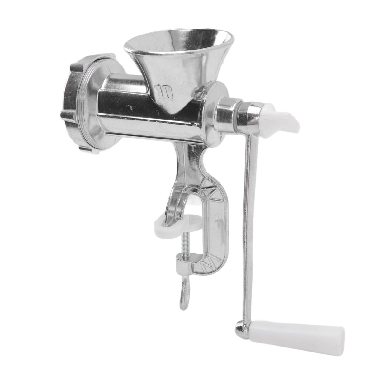 Side view of the hand crank meat grinder showing the clamp base