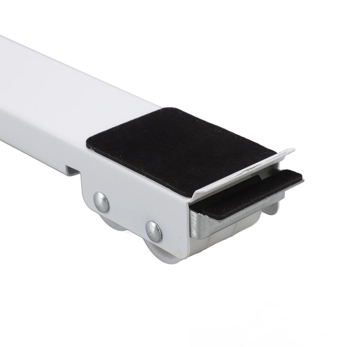 Dishwasher supported on adjustable white appliance moving rollers