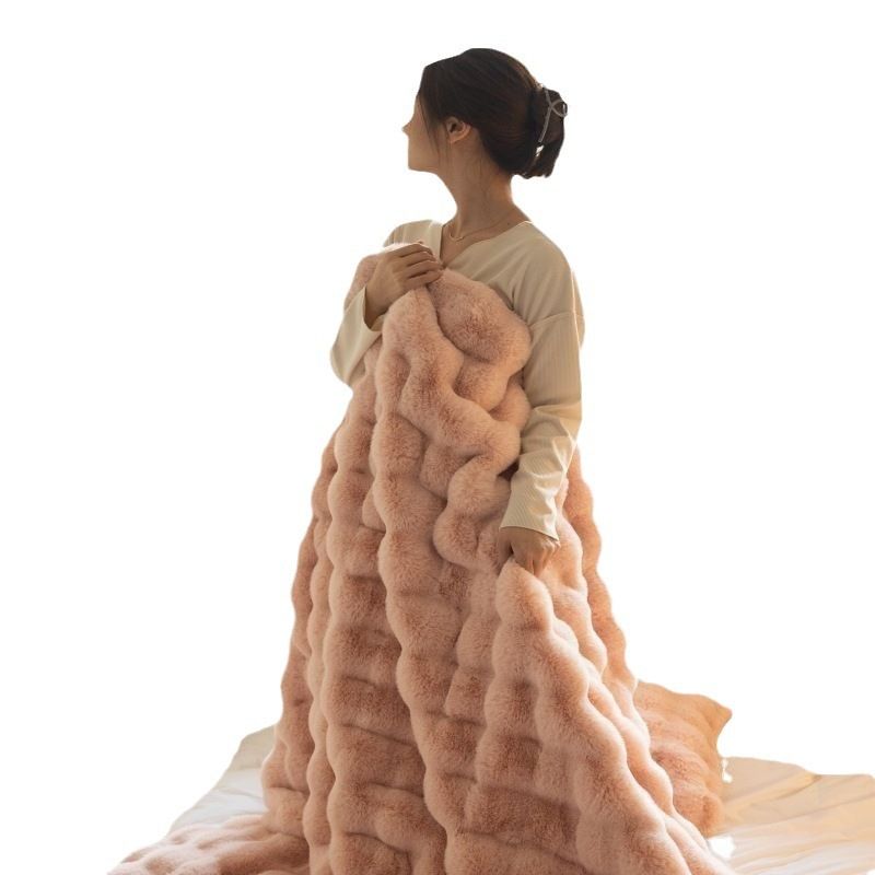 Soft velvet throw blanket in cream and pink view 4