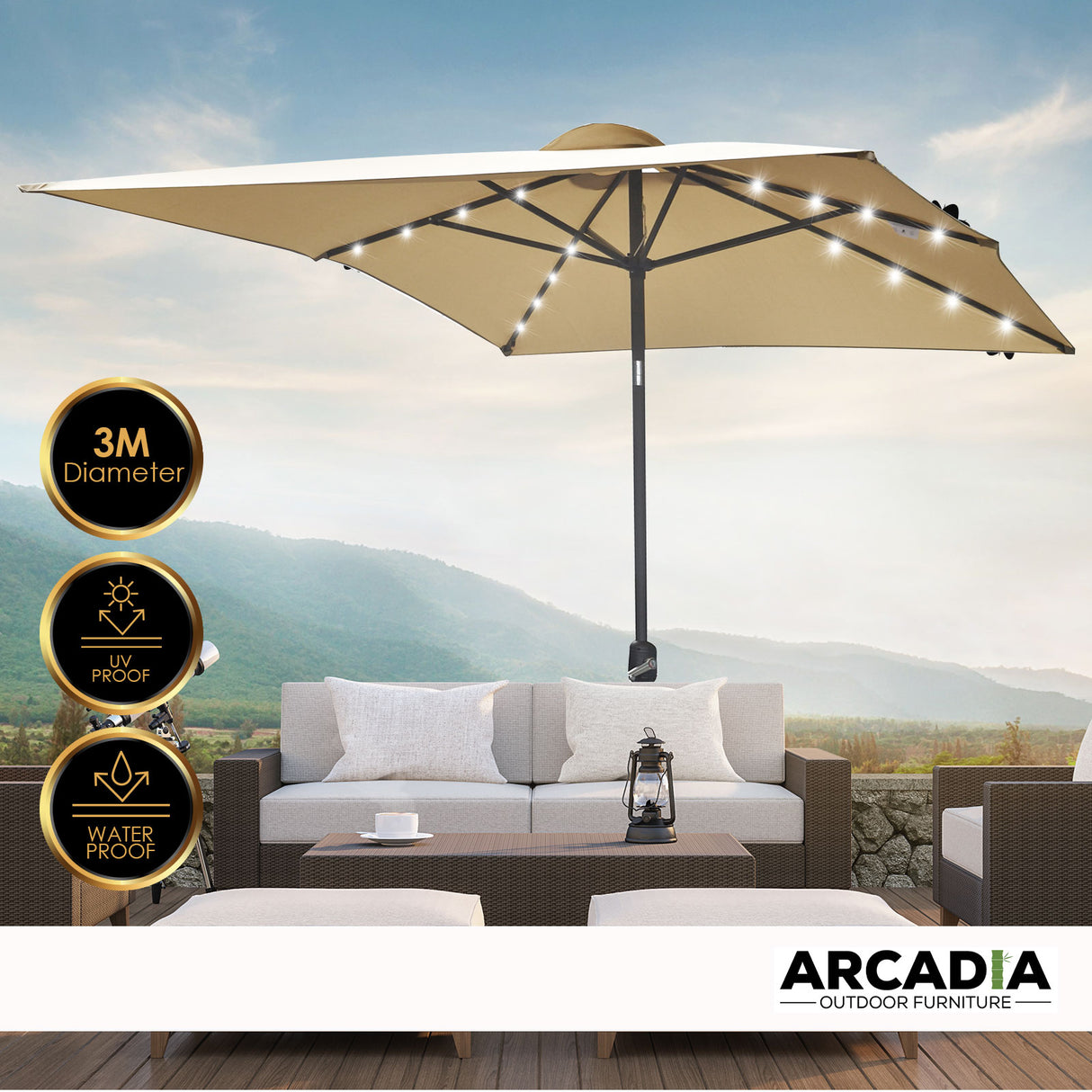 Umbrella shading an outdoor table and chairs on a patio