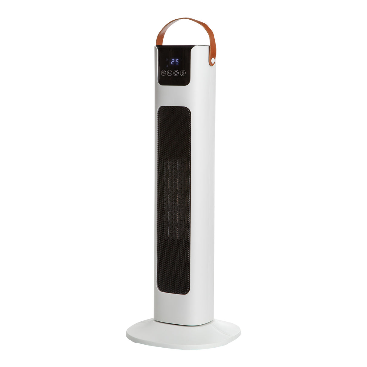 White oscillating ceramic tower heater with touch screen display