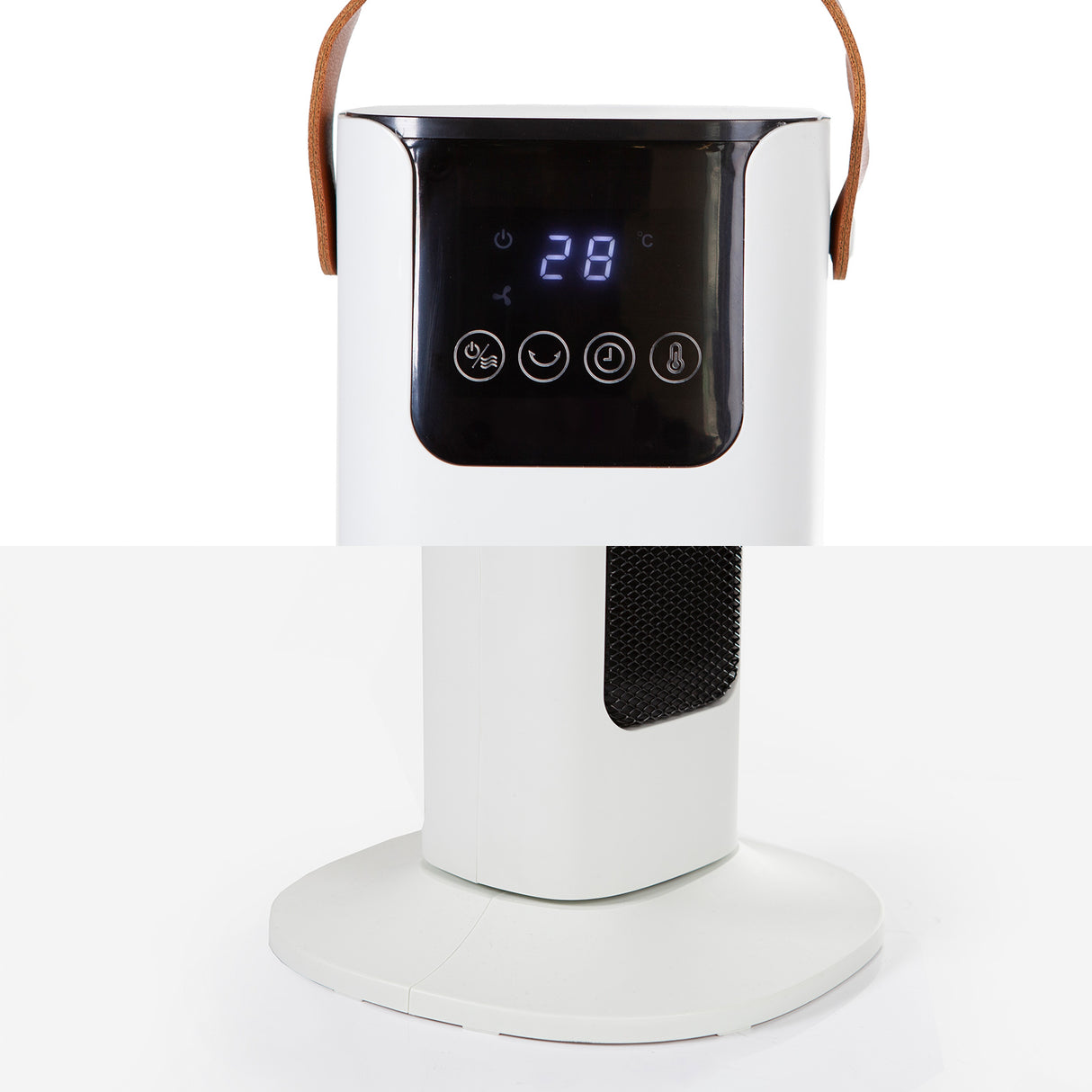 Dimensions of white tower heater, 23 by 23 by 60 centimetres