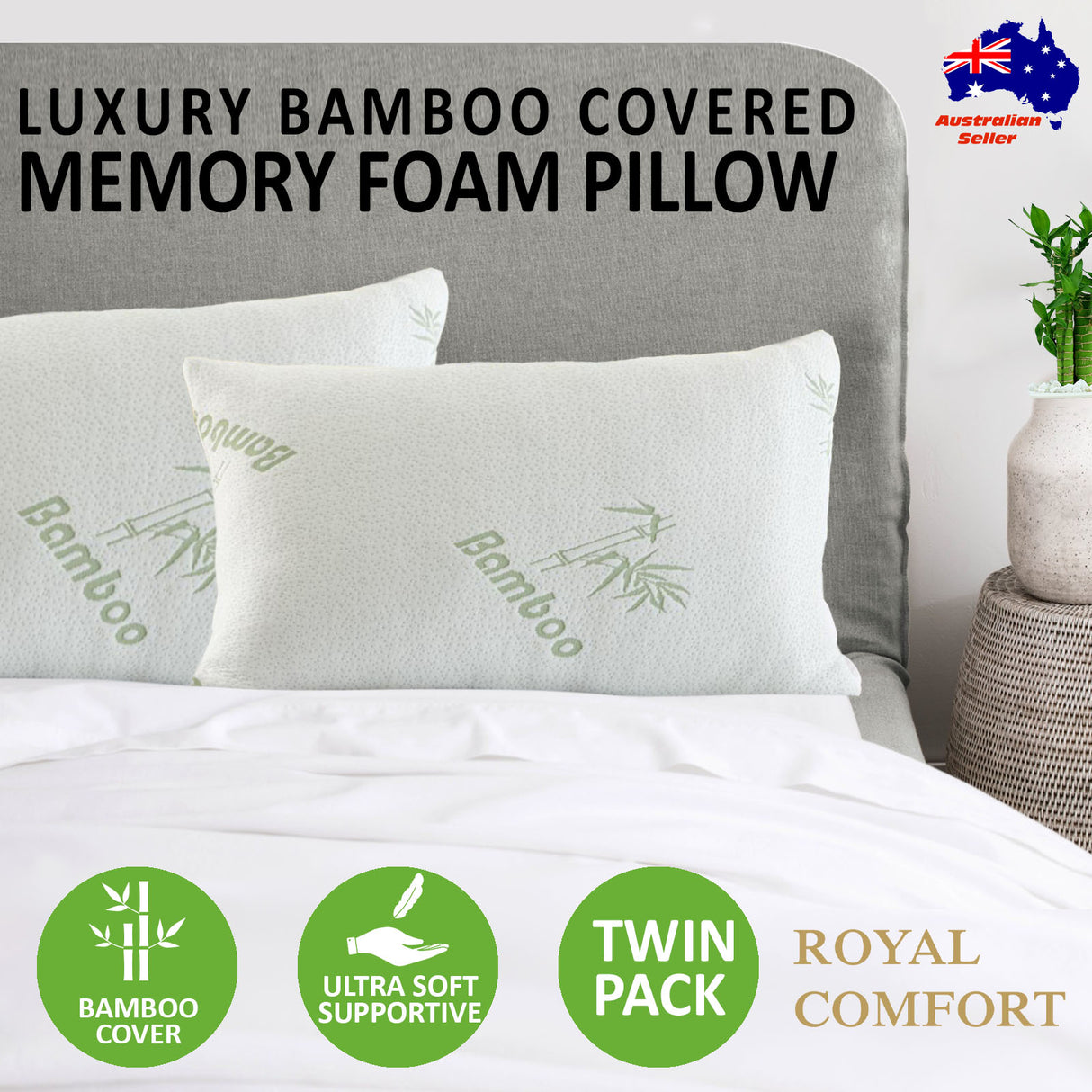 Royal Comfort Luxury Bamboo Memory Foam Pillow Twin Pack — Hypoallergenic — Allure Home Collections