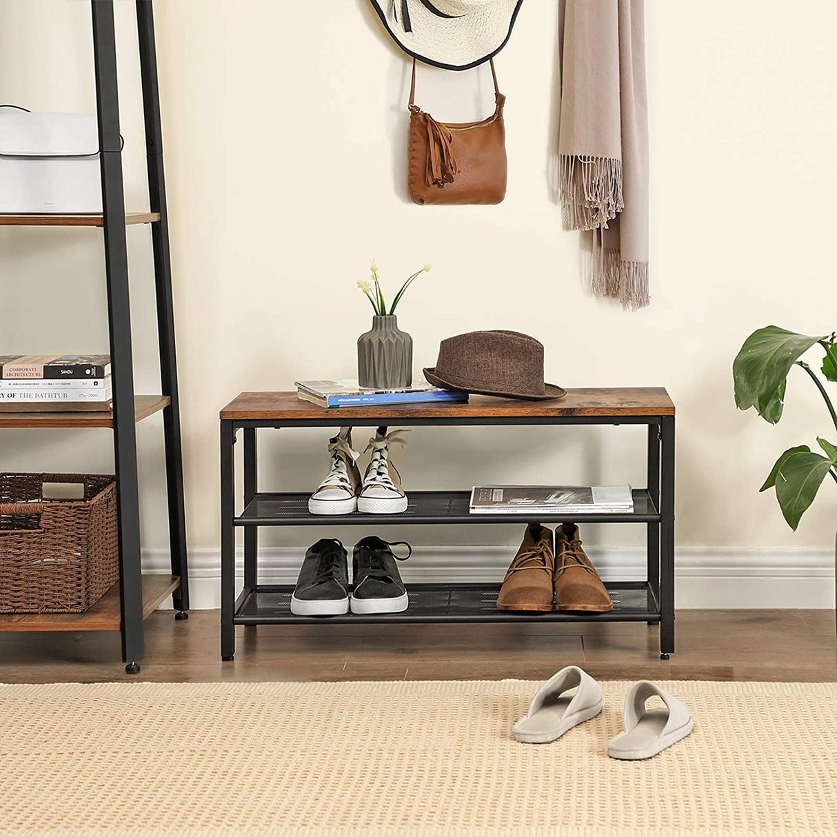 Dadswells Bridge 2 Tier Shoe Rack, Rustic Brown and Black image 3