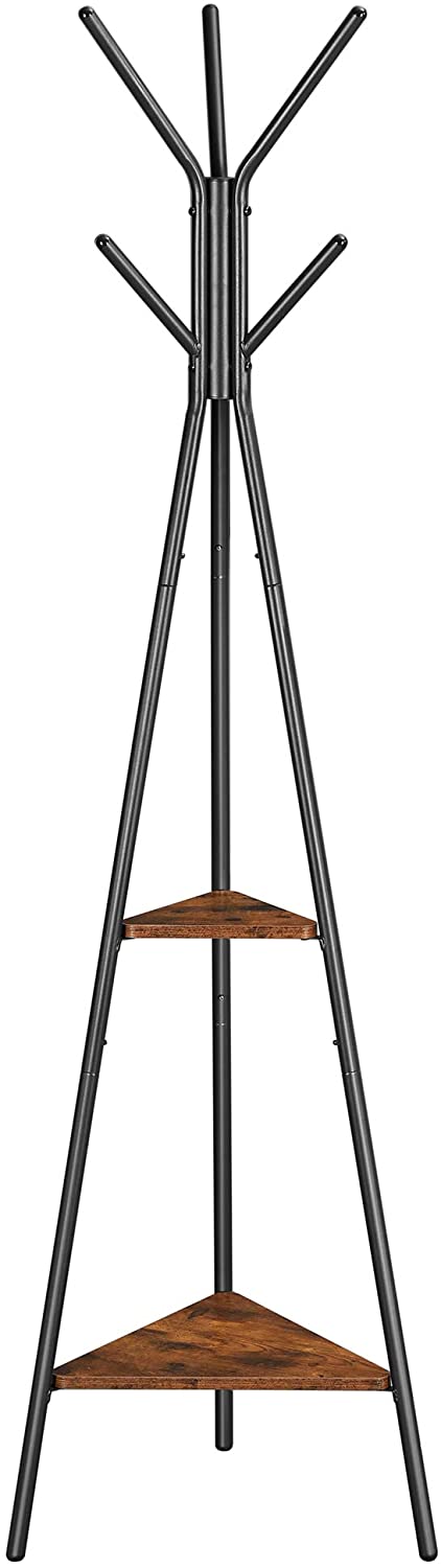 Black industrial coat rack stand with two shelves