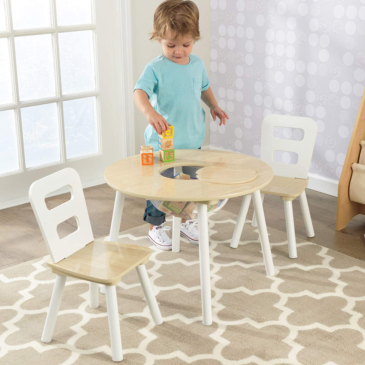 Kids Round Table And 2 Chair Set With Storage White Natural