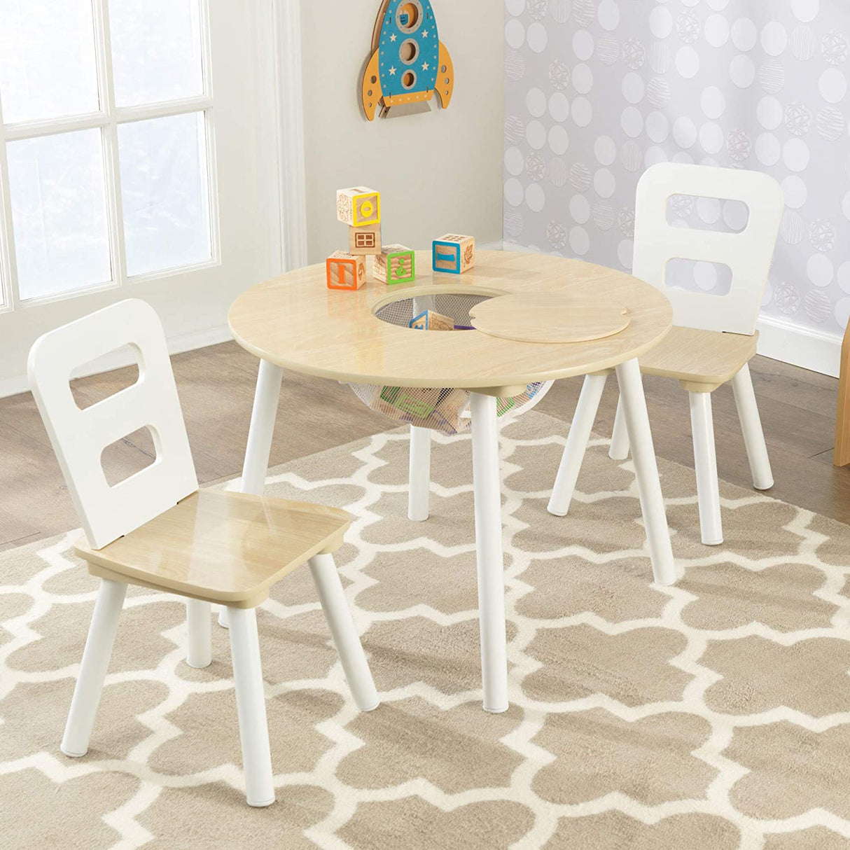 Kids Round Table And 2 Chair Set With Storage White Natural