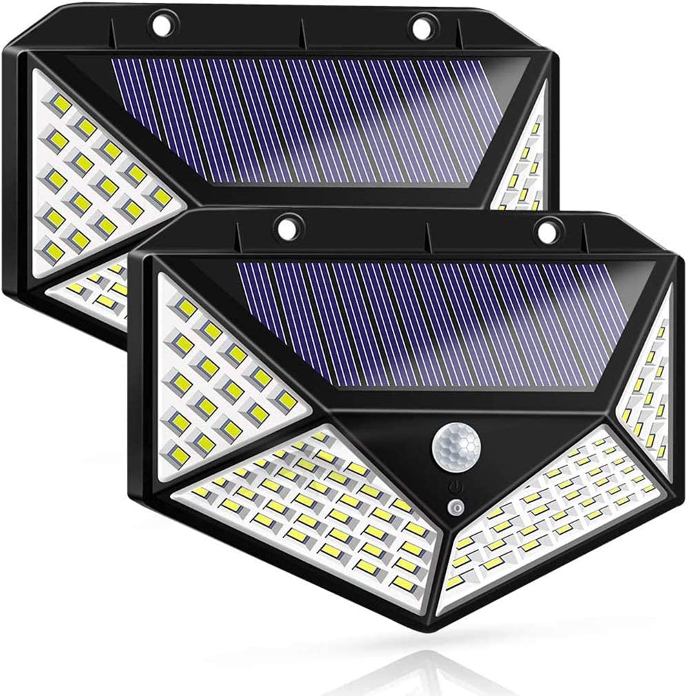 100 LED solar security light with motion sensor lighting a driveway