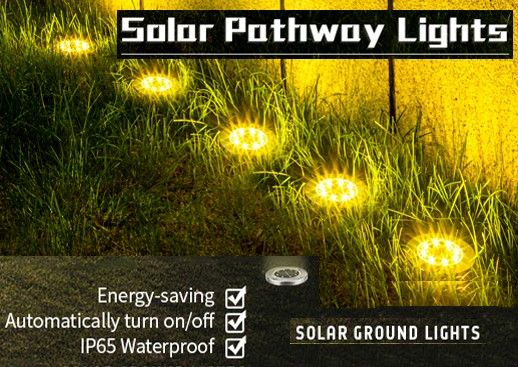 Solar pathway light with warm white 8 LED glow in a garden