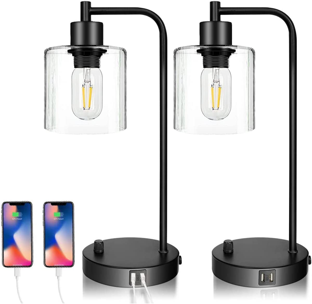 Industrial table lamp with USB ports and bubble glass shade - view 1