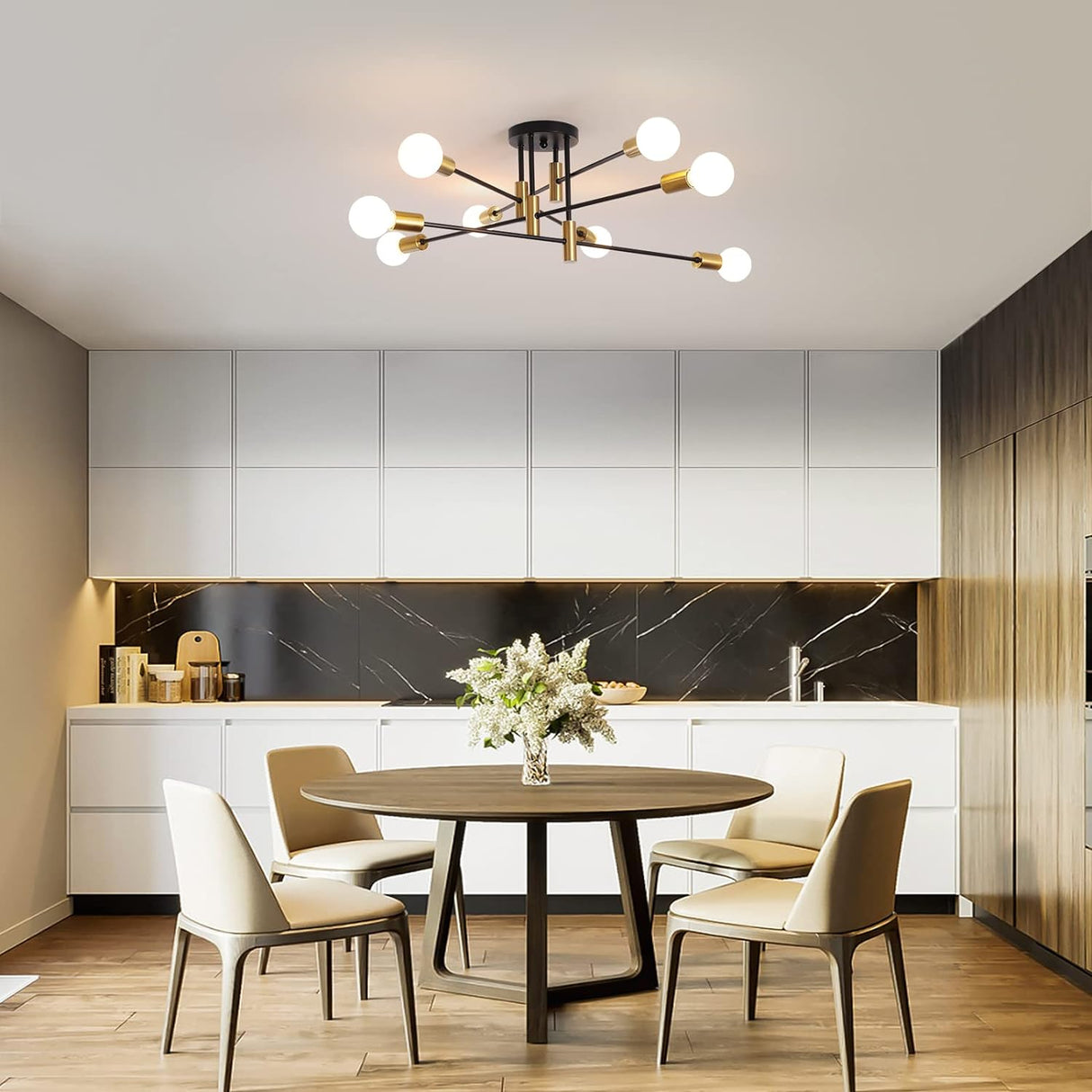 Modern Sputnik Ceiling Light 8 Light Black and Gold