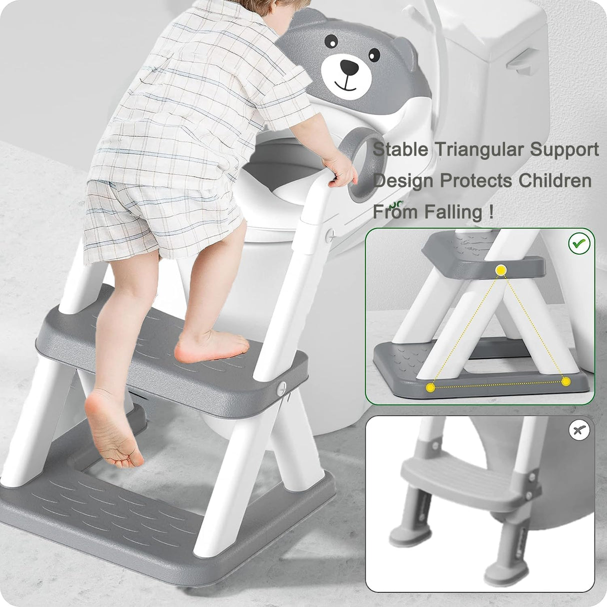 Grey toddler potty training toilet seat with ladder and step stool