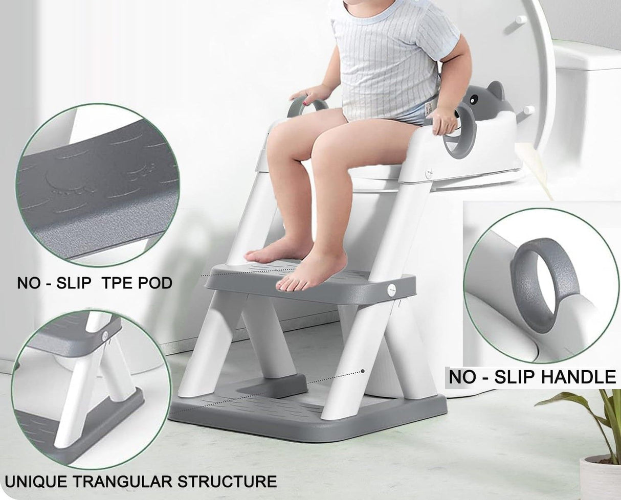 Grey toddler potty training toilet seat with ladder and step stool