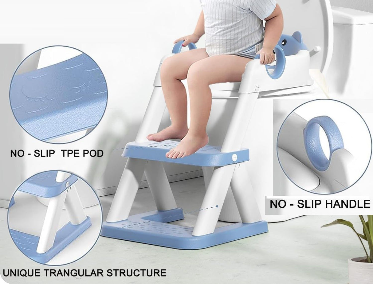 Blue toddler potty training toilet seat with ladder and step stool