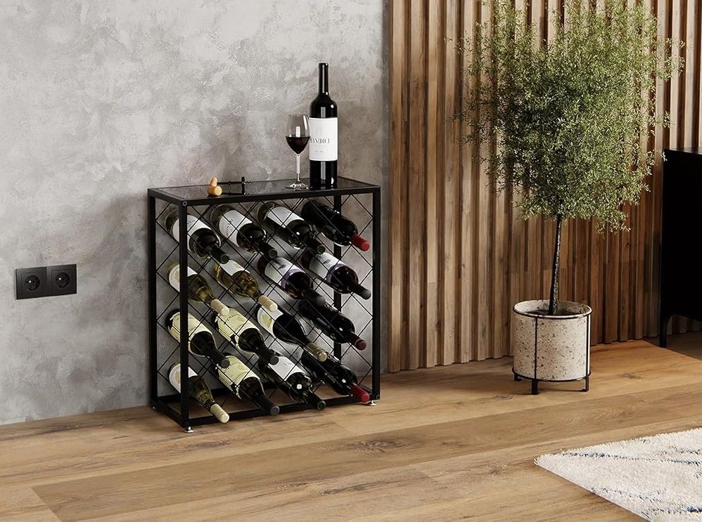 Freestanding matte black metal wine rack for 25 bottles with top shelf