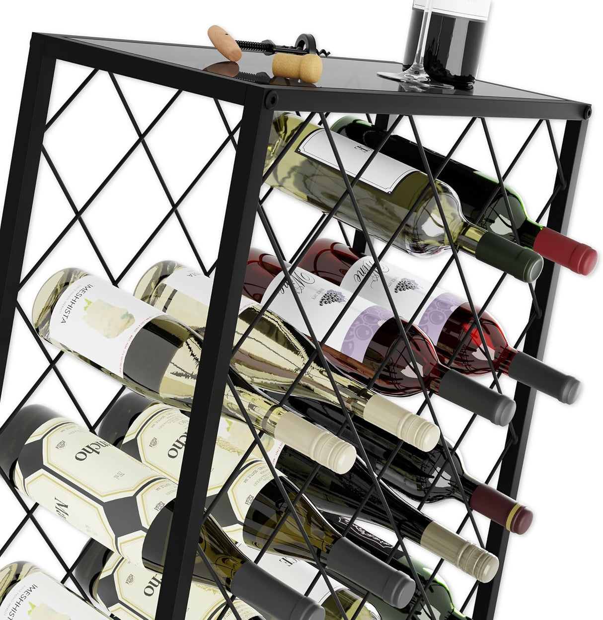 Freestanding matte black metal wine rack for 25 bottles with top shelf