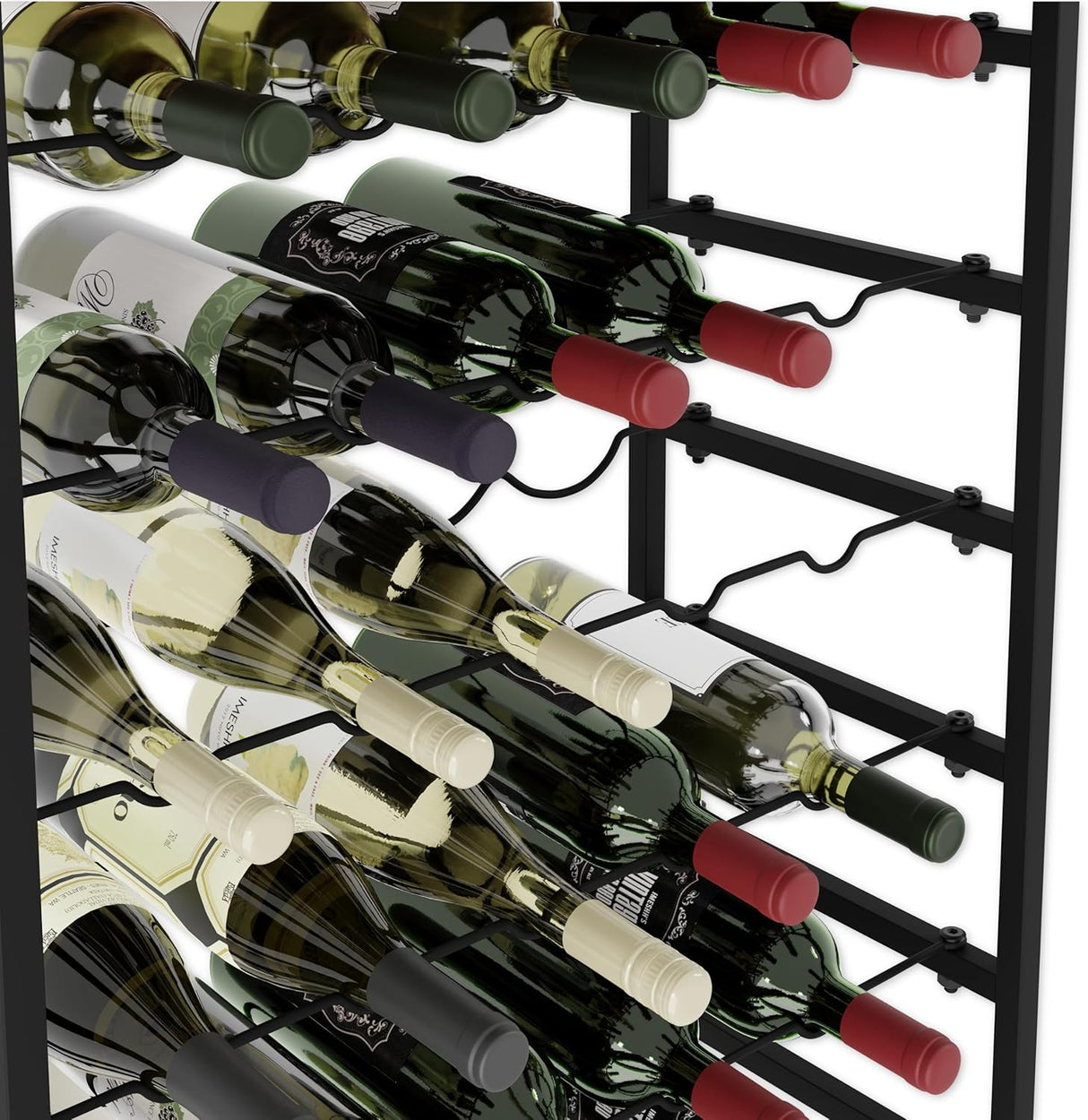 6 tier freestanding wine rack for 30 bottles with wood countertop and metal frame