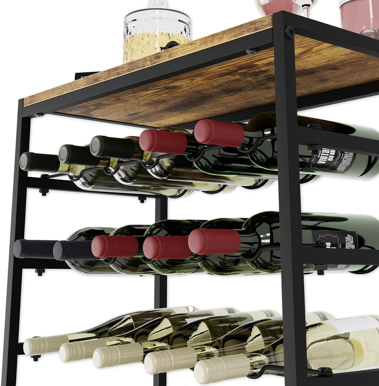 6 tier freestanding wine rack for 30 bottles with wood countertop and metal frame
