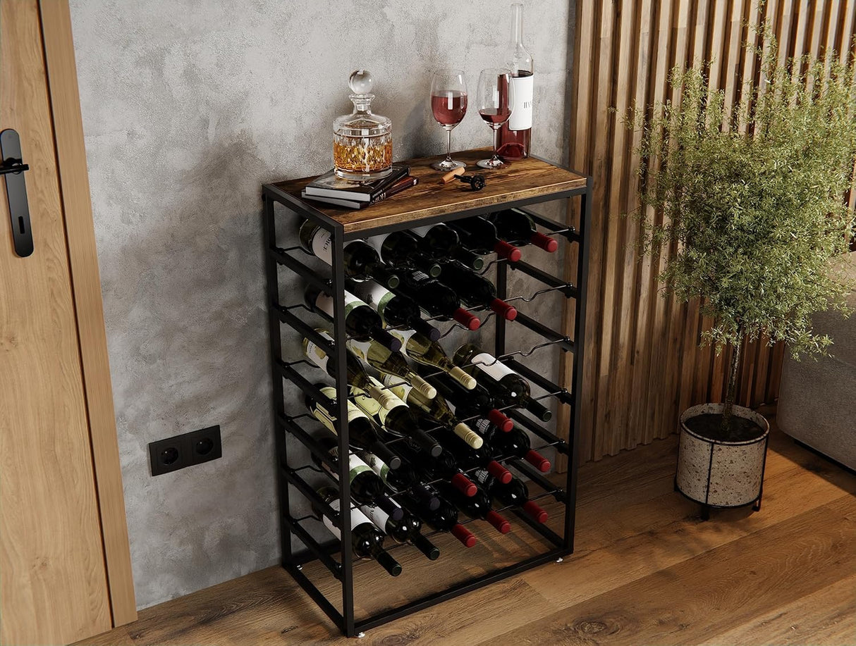 6 tier freestanding wine rack for 30 bottles with wood countertop and metal frame