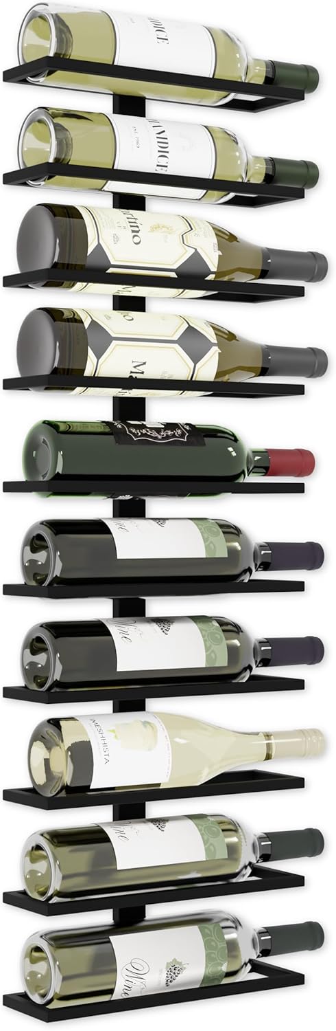 Matte black metal wall mounted wine rack holding 10 bottles