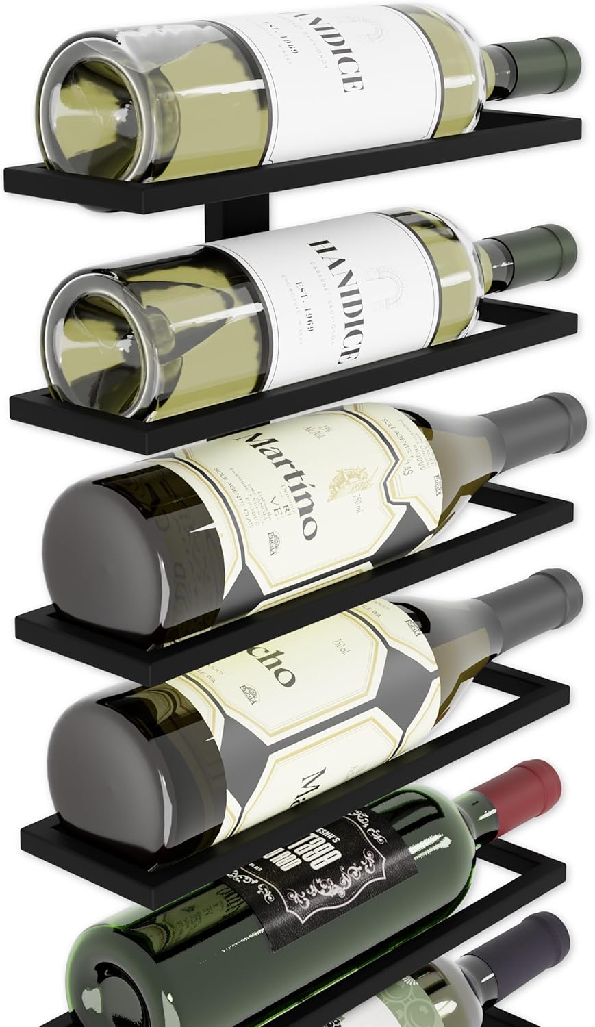 Matte black metal wall mounted wine rack holding 10 bottles