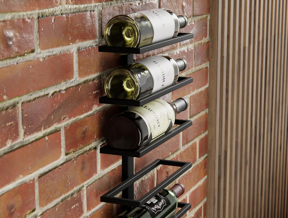 Matte black metal wall mounted wine rack holding 10 bottles