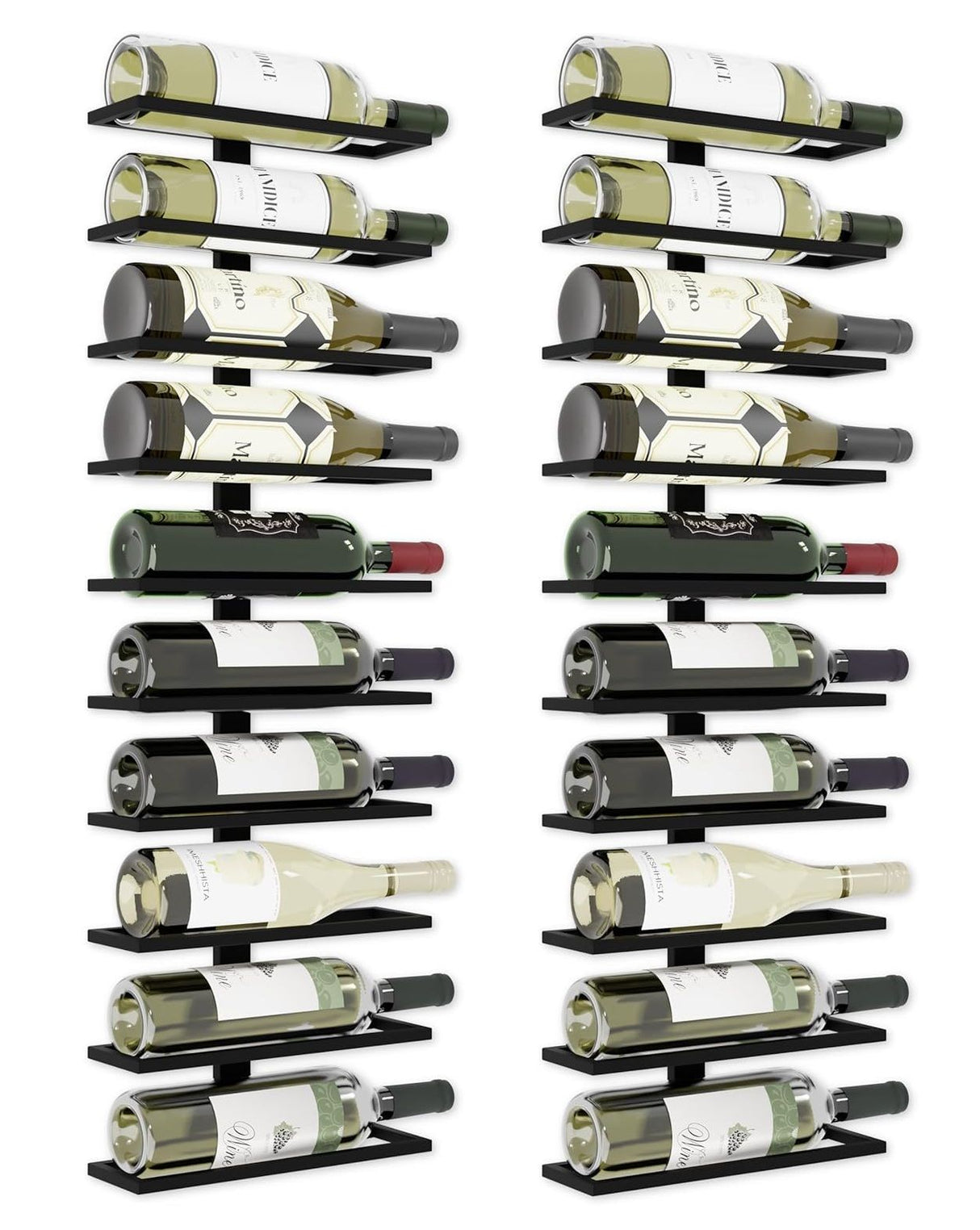 Set of two matte black wall mounted wine racks holding 10 bottles