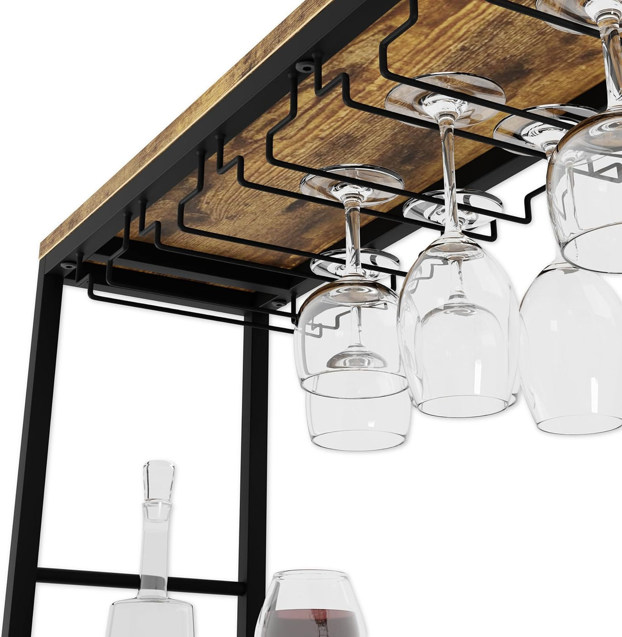 Freestanding wine rack for 20 bottles with wooden countertop and metal frame