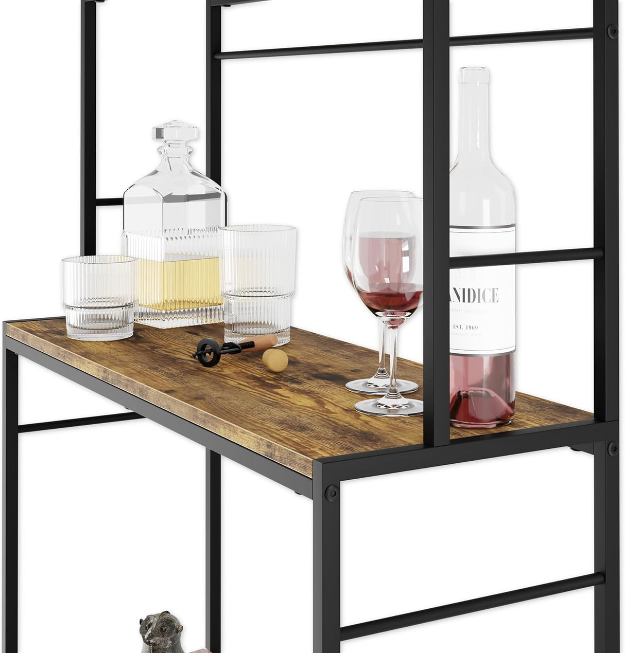 Freestanding wine rack for 20 bottles with wooden countertop and metal frame