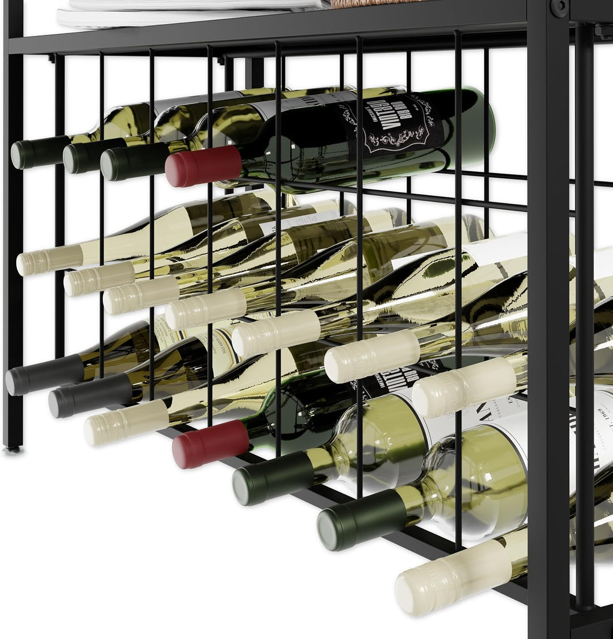 Freestanding wine rack for 20 bottles with wooden countertop and metal frame
