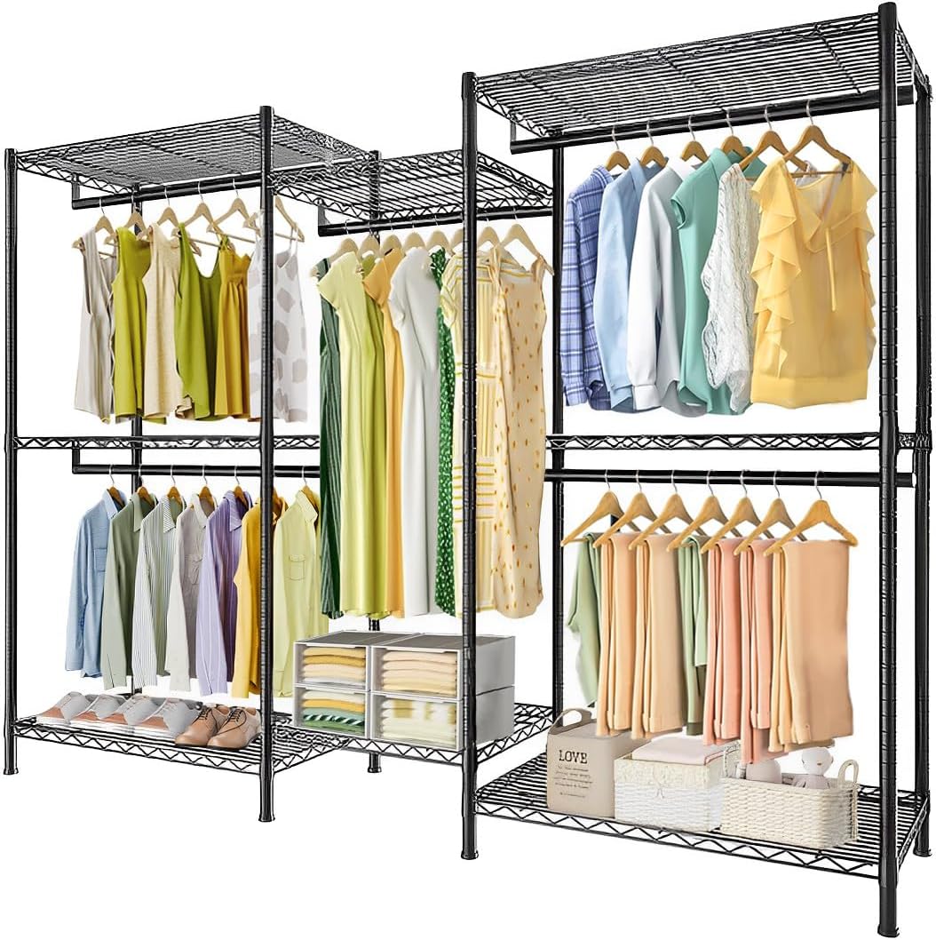 Heavy duty garment rack with five shelves and four hanging rods