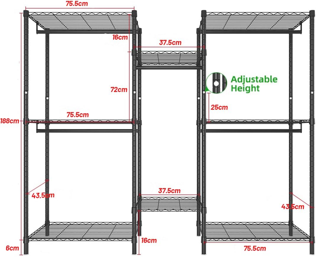 Heavy duty garment rack with five shelves and four hanging rods