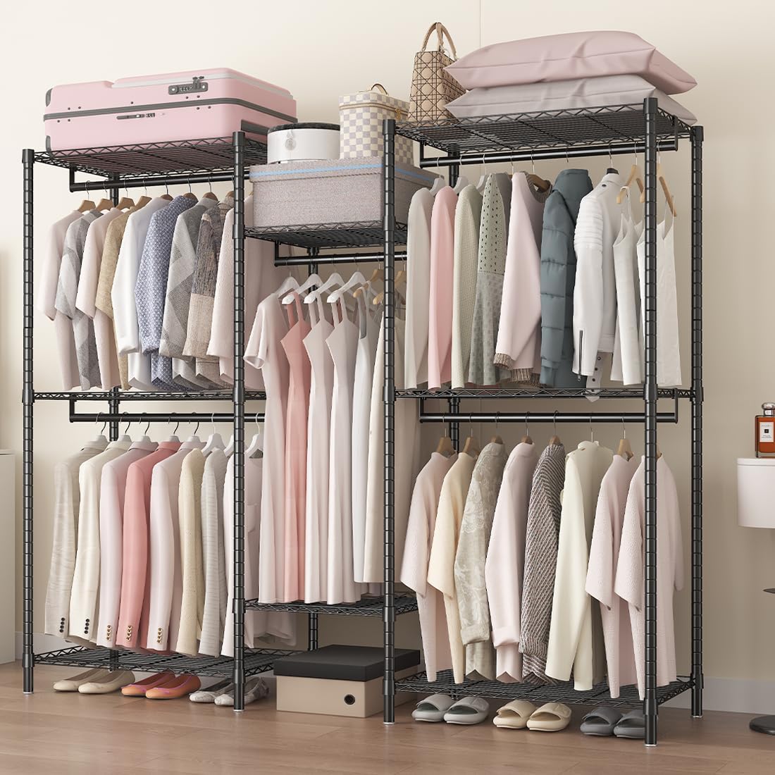 Heavy duty garment rack with five shelves and four hanging rods