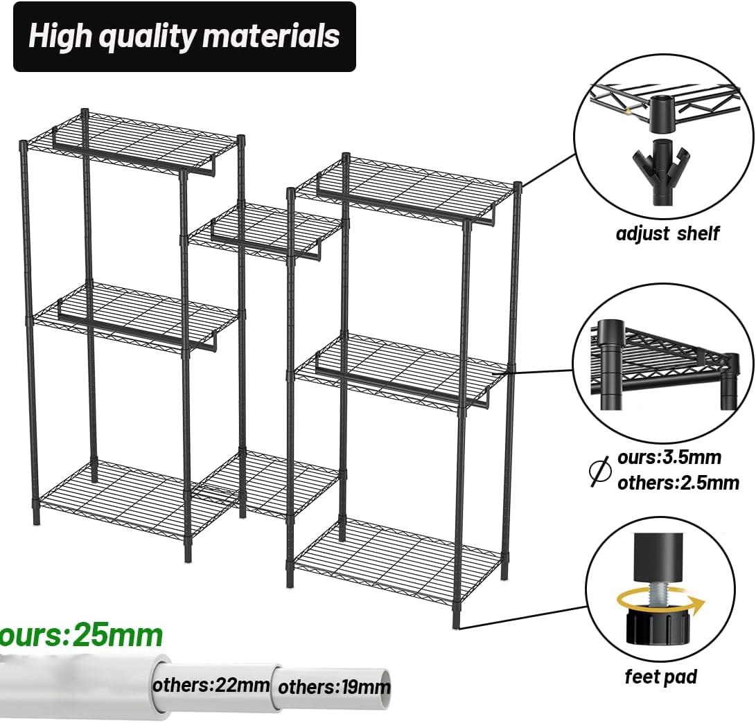 Heavy duty garment rack with five shelves and four hanging rods
