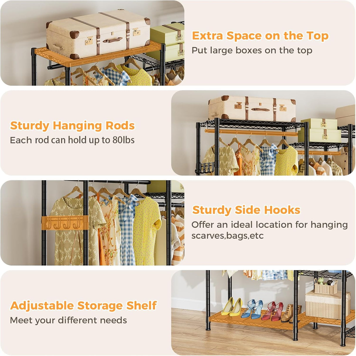 Heavy duty garment rack with five shelves and four hanging rods