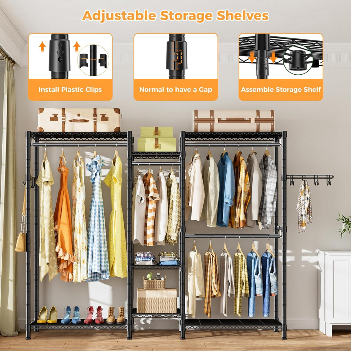 Heavy duty garment rack with five shelves and four hanging rods