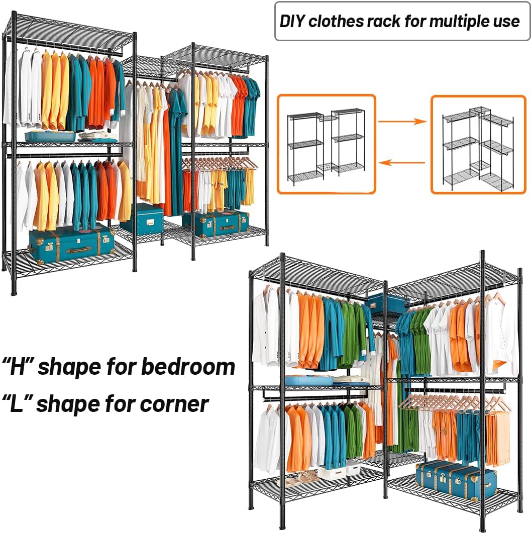 Heavy duty garment rack with five shelves and four hanging rods